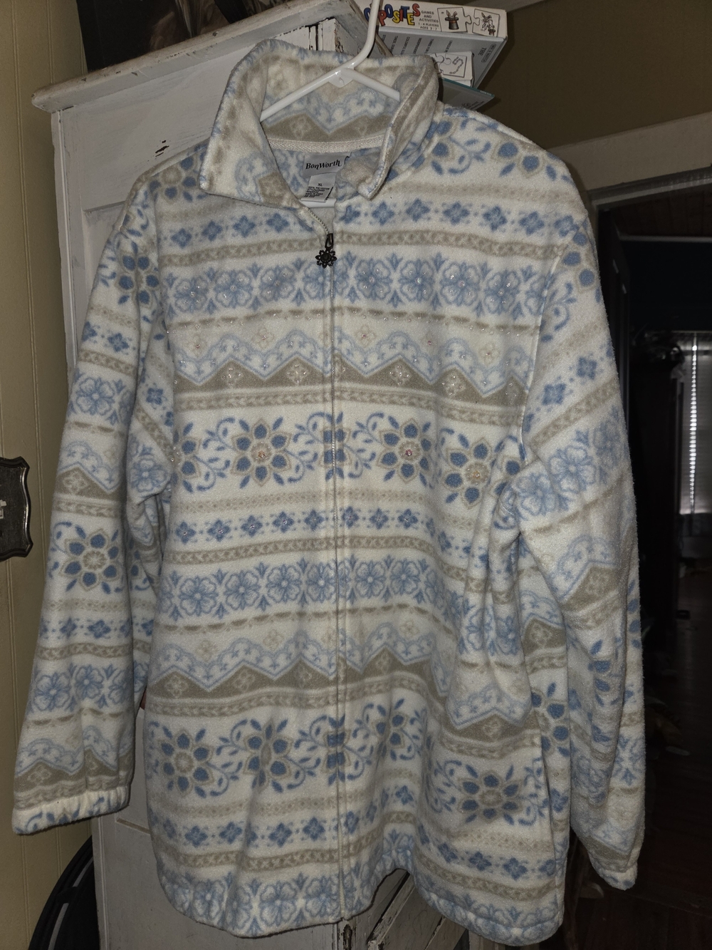 BonWorth Teddy Fleece Jacket in Pale Blue, Cream & Tan